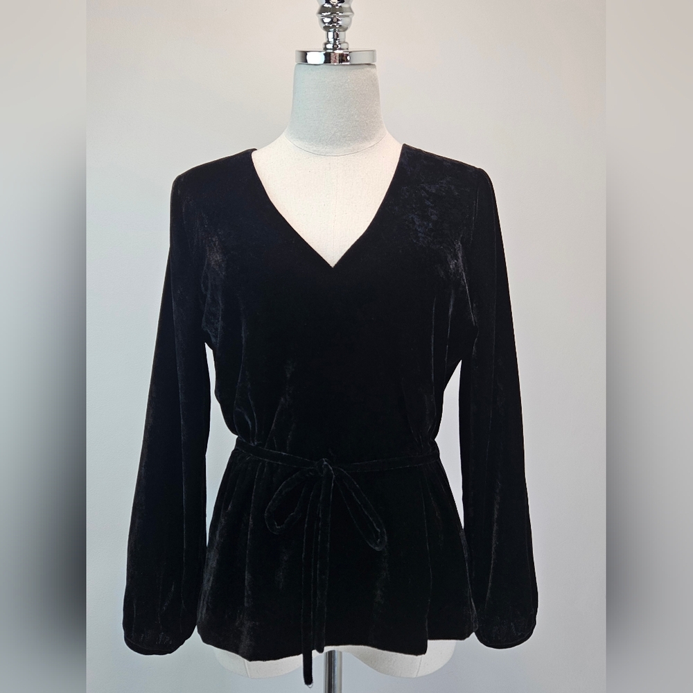 J Crew Womens Black Velvet Blouse 6 Faux Wrap‎ Belted Peplum